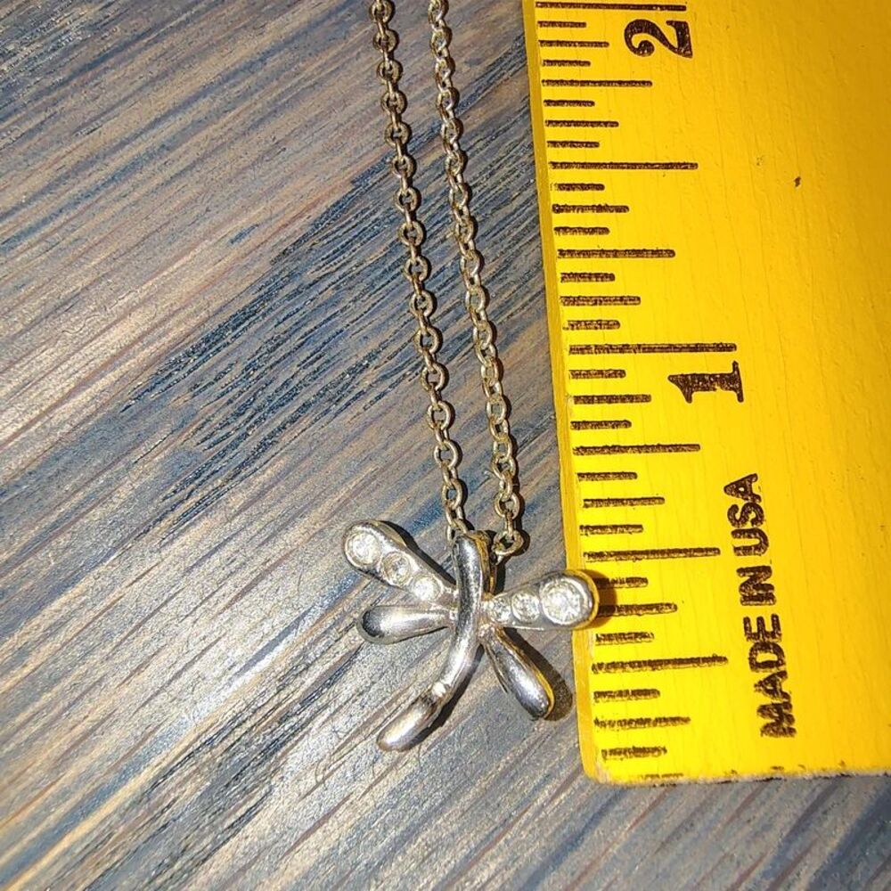 Dainty Silver Tone Rhinestone Dragonfly Pendant Necklace 16in